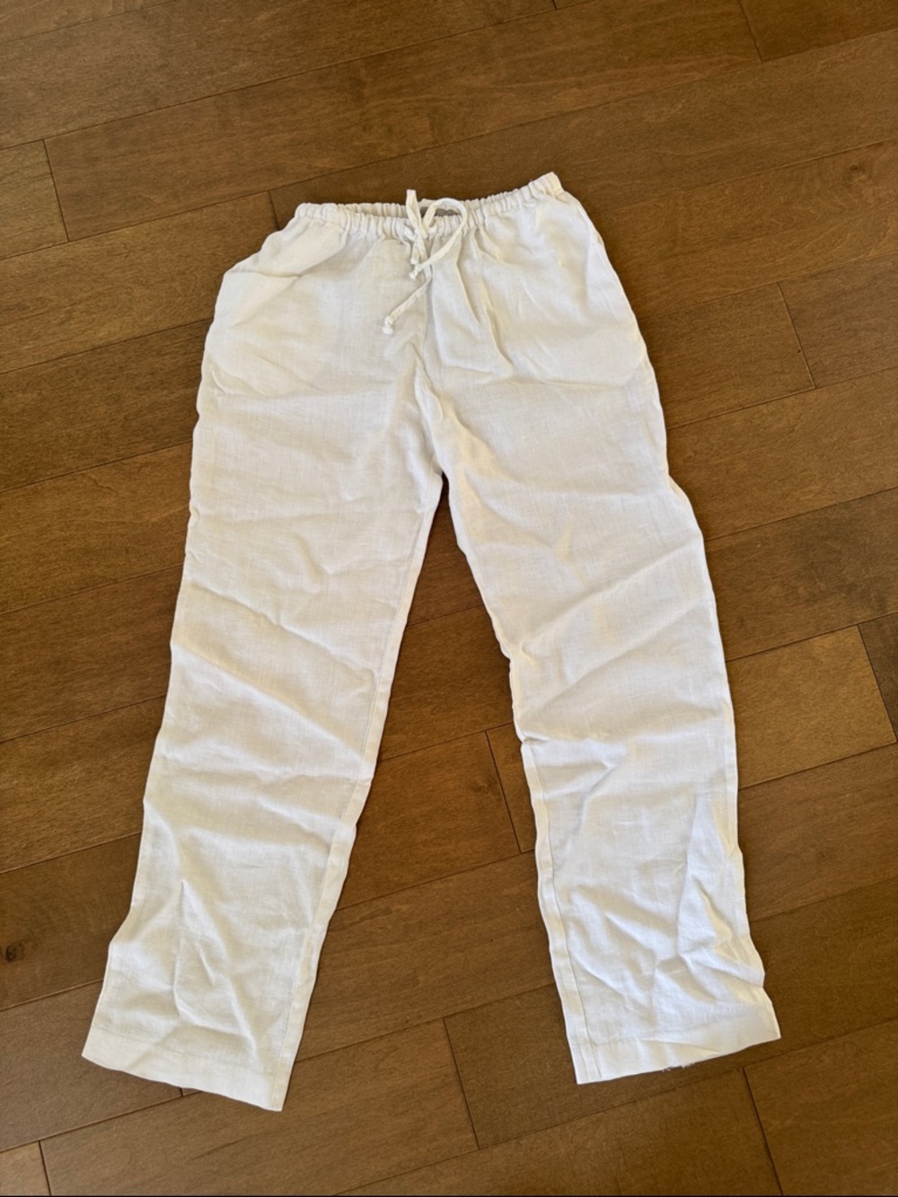 Women's White Linen-Blend Drawstring Chinos